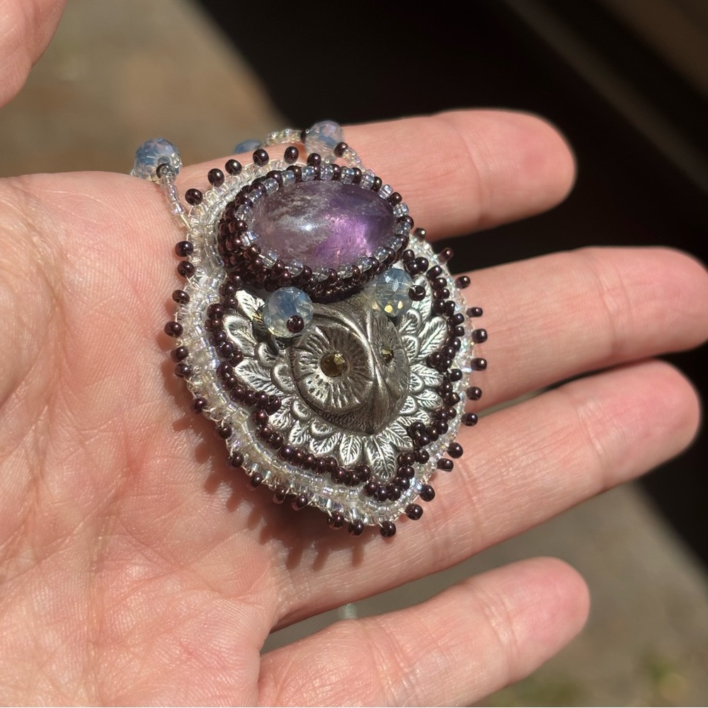 Amethyst Owl Bead Embroidered Crystal Necklace - Picture 12 of 13